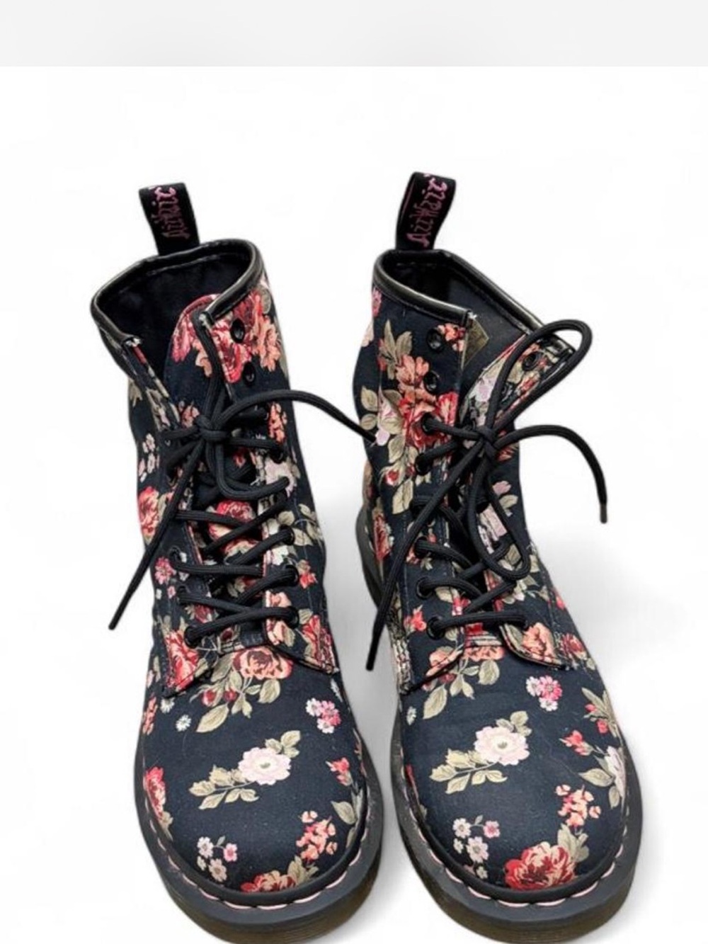 Dr. Martens women’s Floral Lace-Up Combat Boots - Black with Pink Floral Print